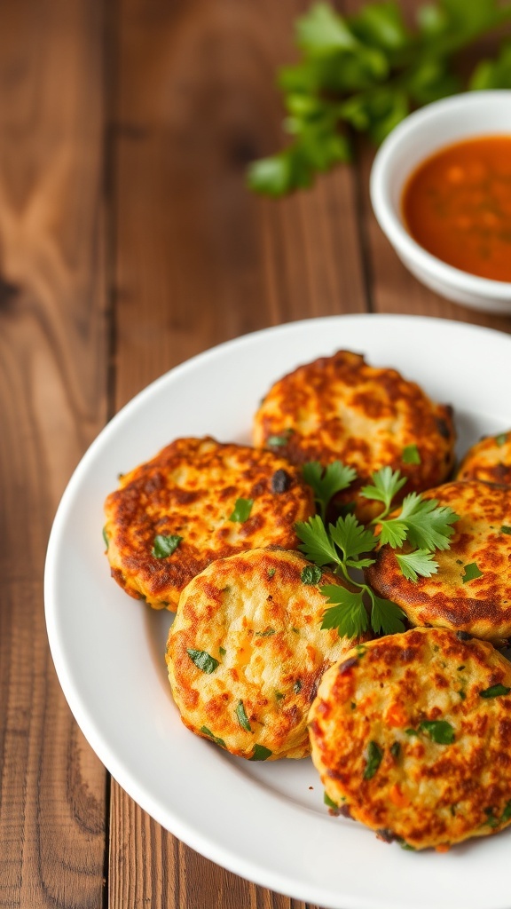 Crispy vegetable patties on a plate with cilantro and dipping sauce.